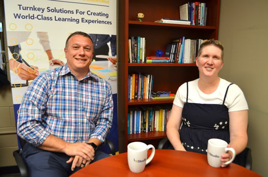 Dr. Trevor Cox and Dr. Laura Dumin seated for an LX Studio podcast conversation about AI, learning design, and higher education.